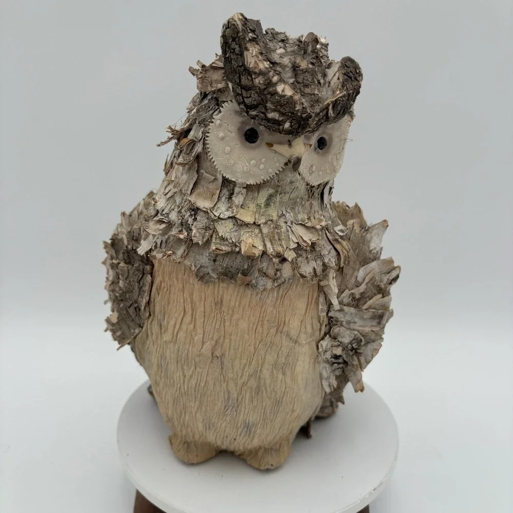 Handmade Owl Figurine Tree Bark Chips Papier-Mâché Mixed Materials Nature Vtg 9